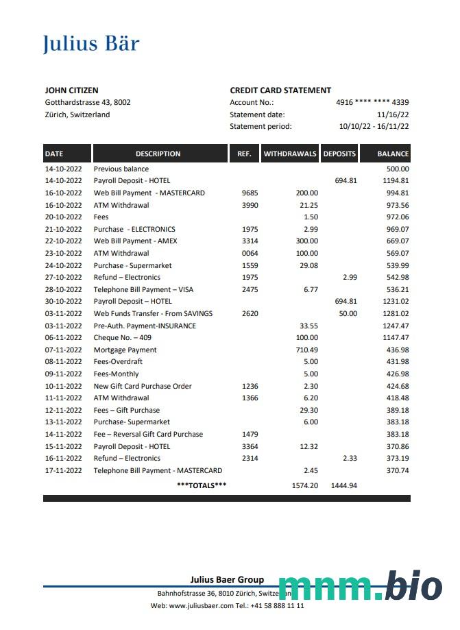 Szwajcaria Dukascopy wyciąg z konta bankowego Word i PDF szablon, 2 strony